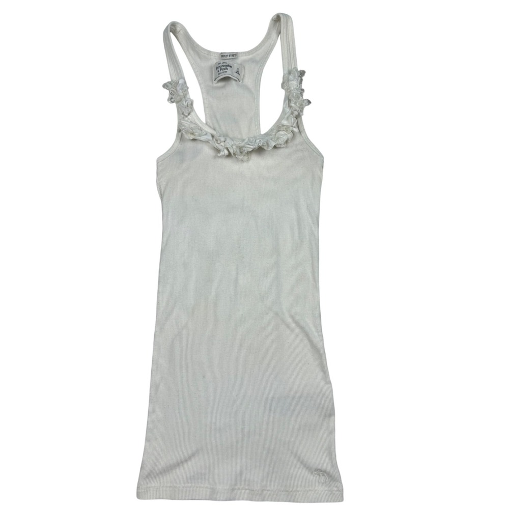 VTG Y2k Abercrombie & Fitch White Ruffle Lace Trim Ribbed Tank Top Sz S Fitted